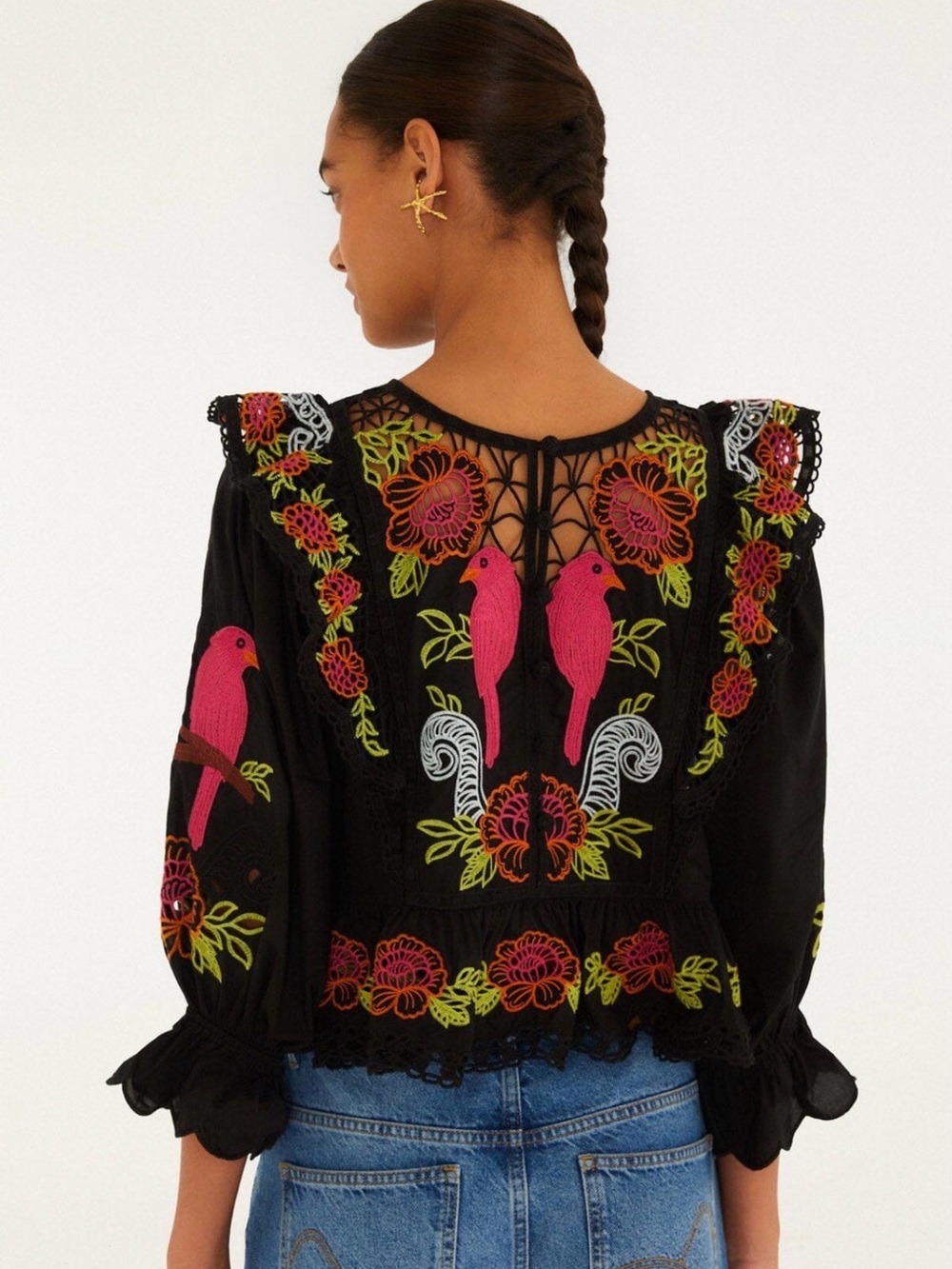 New FARM Rio Black Richelieu Lace and Eyelet Puff Sleeve Blouse - Picture 2 of 8
